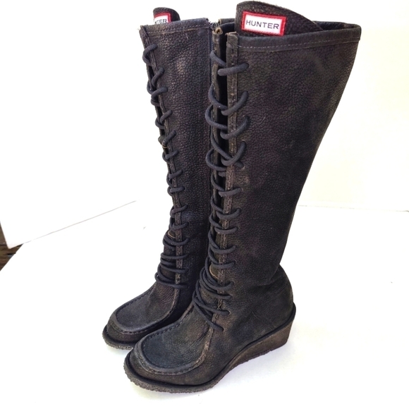 Hunter Black Lace Up Tall Wedge Suede leather tall boots Brazil-Made Sz 5 (RARE) - Picture 1 of 11